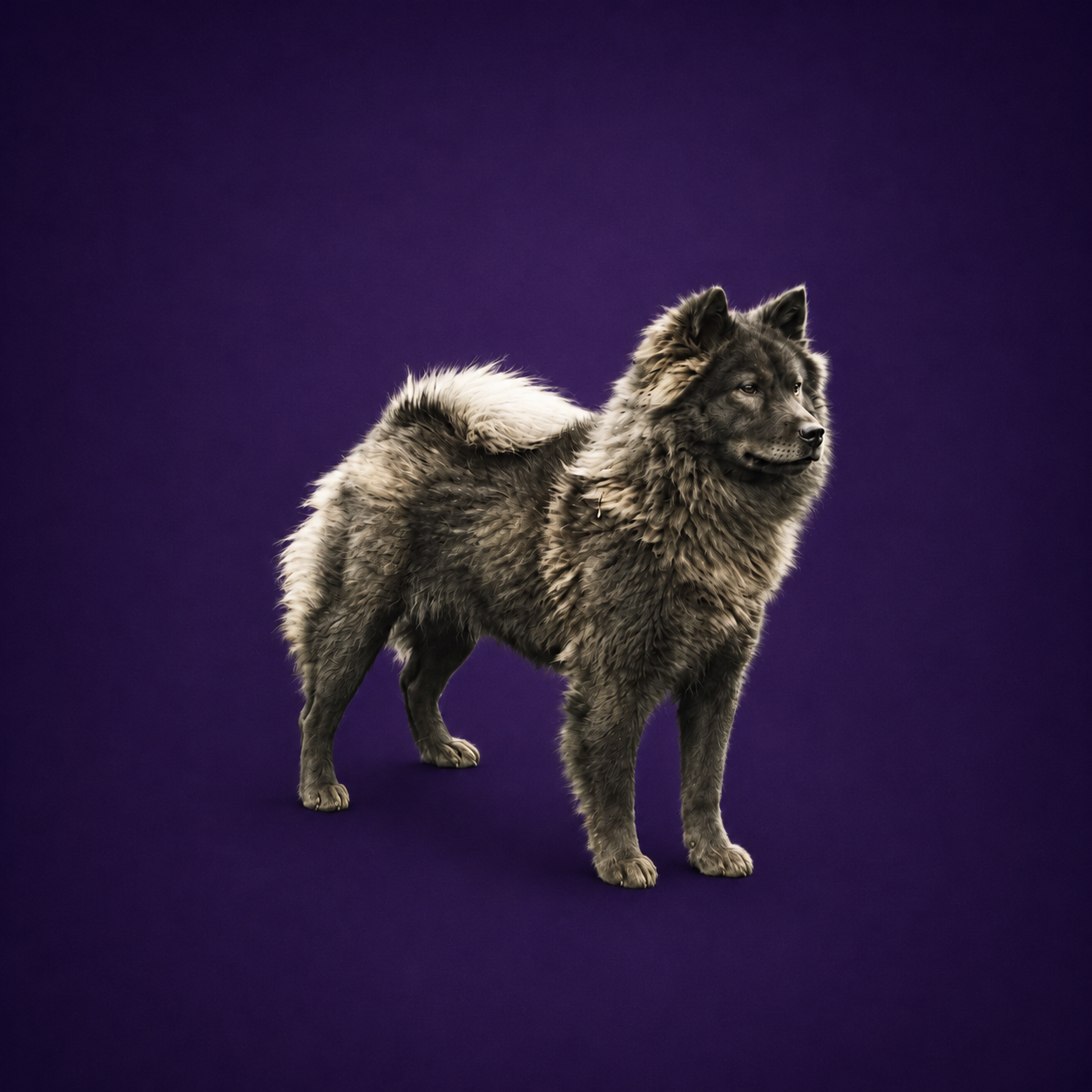 Oldskool type Chow Chow staand op paarse achtergrond