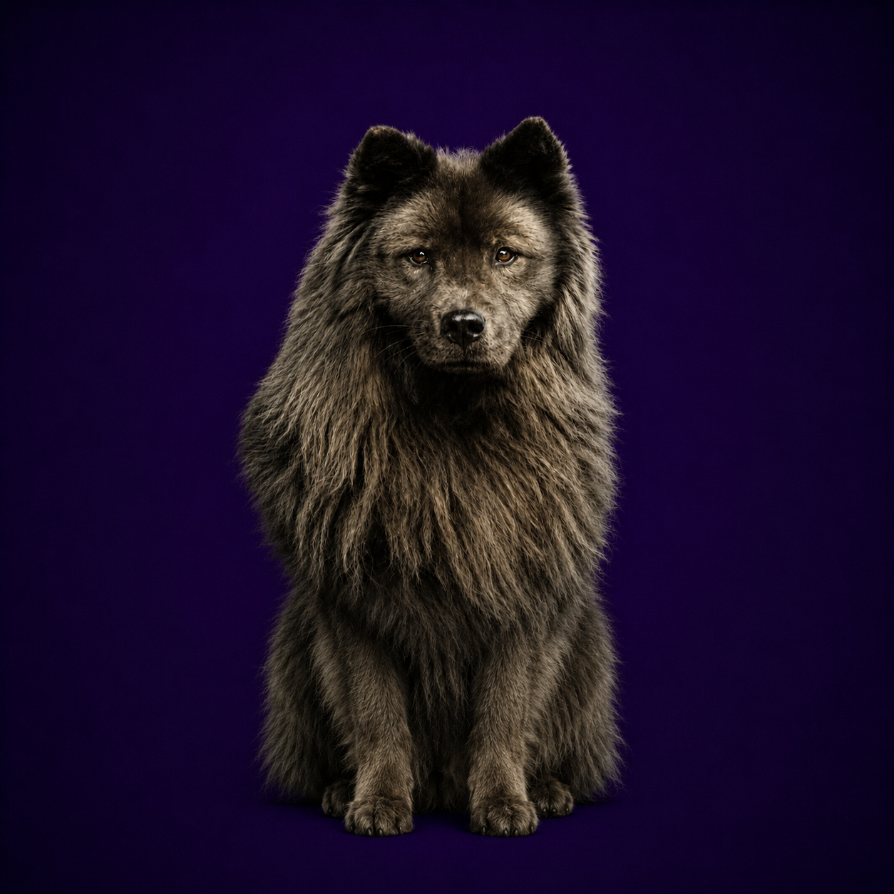 Oldskool type Chow Chow zittend op paarse achtergrond