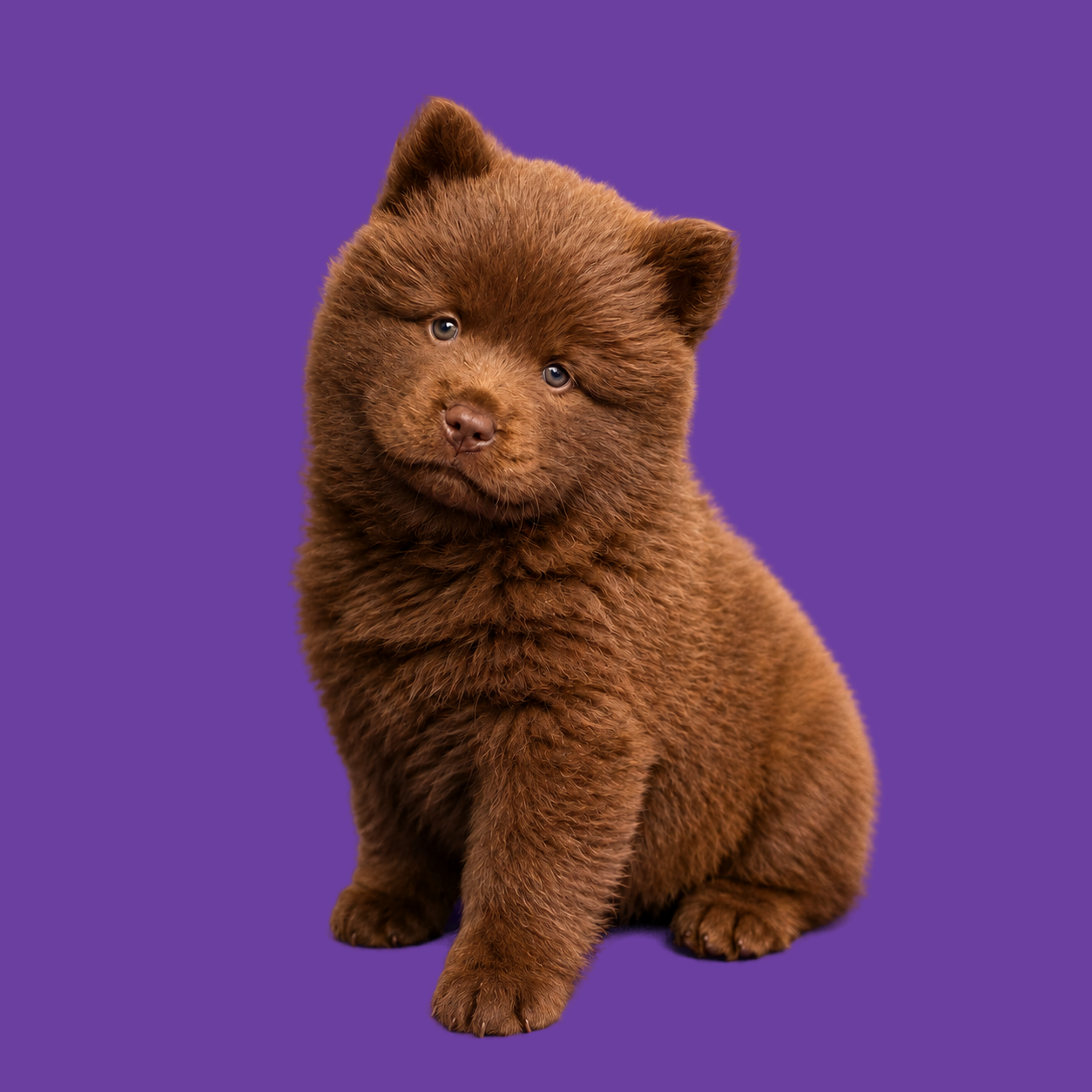 Bruine Chow Chow pup zittend op paarse achtergrond