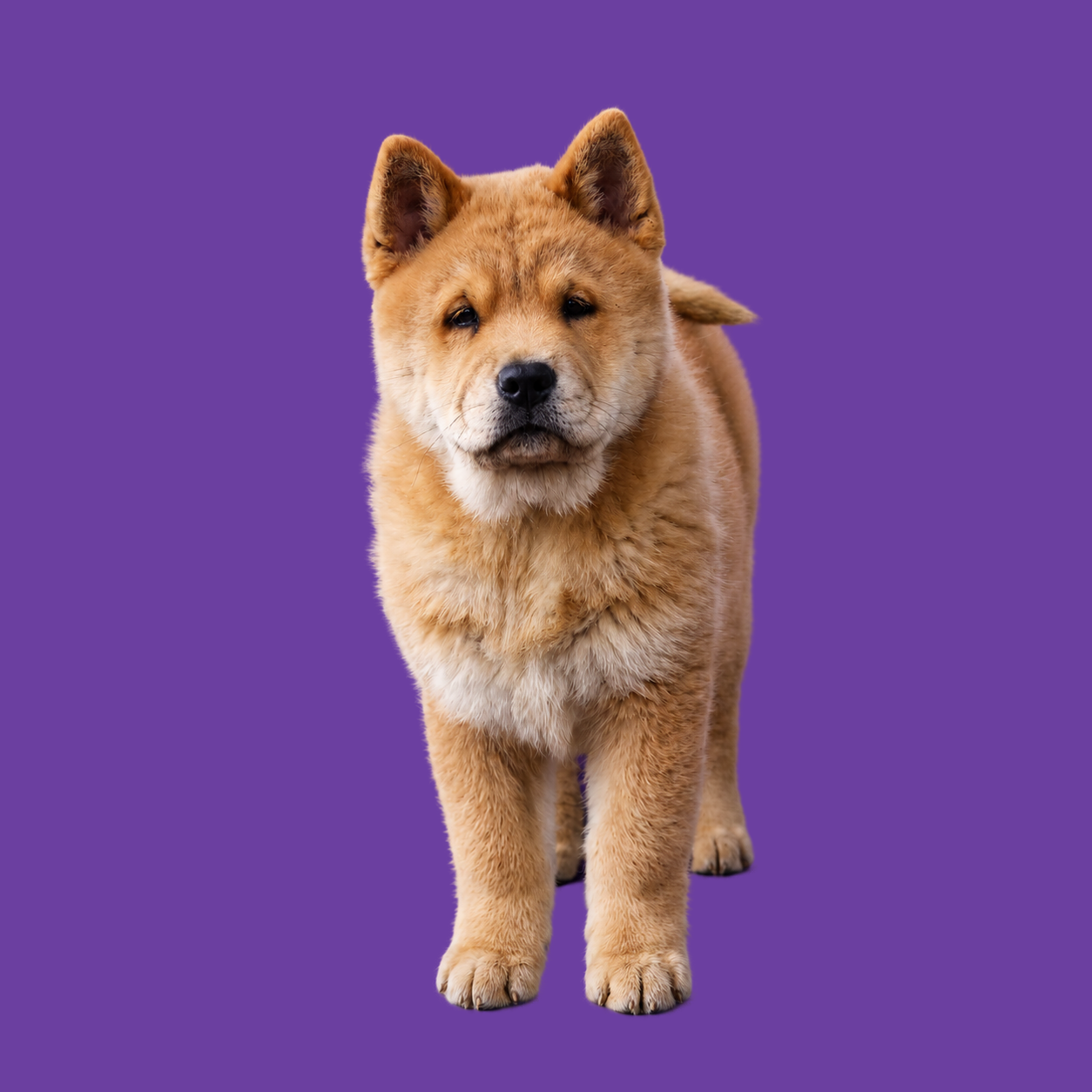 Beige Chow Chow pup staand op paarse achtergrond