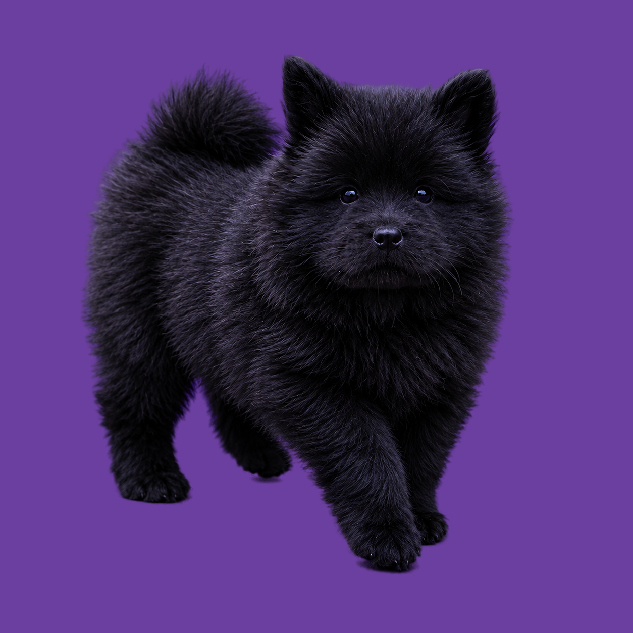 Zwarte Chow Chow pup tegen een paarse achtergrond