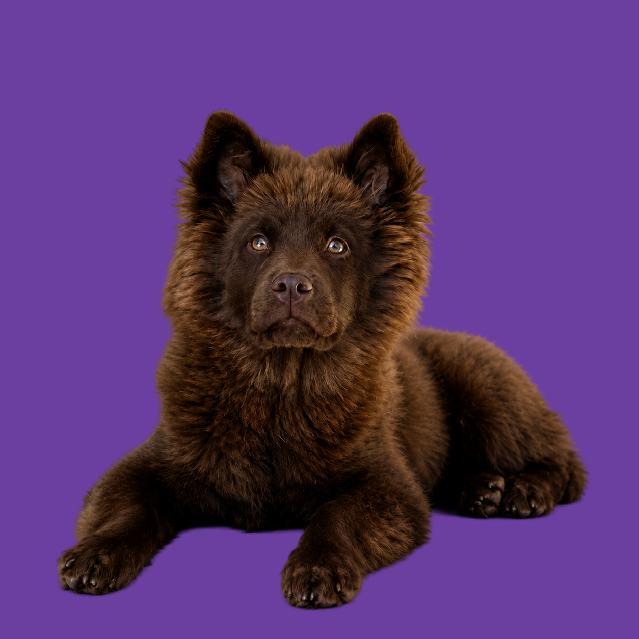 Bruine Chow Chow liggend op paarse achtergrond
