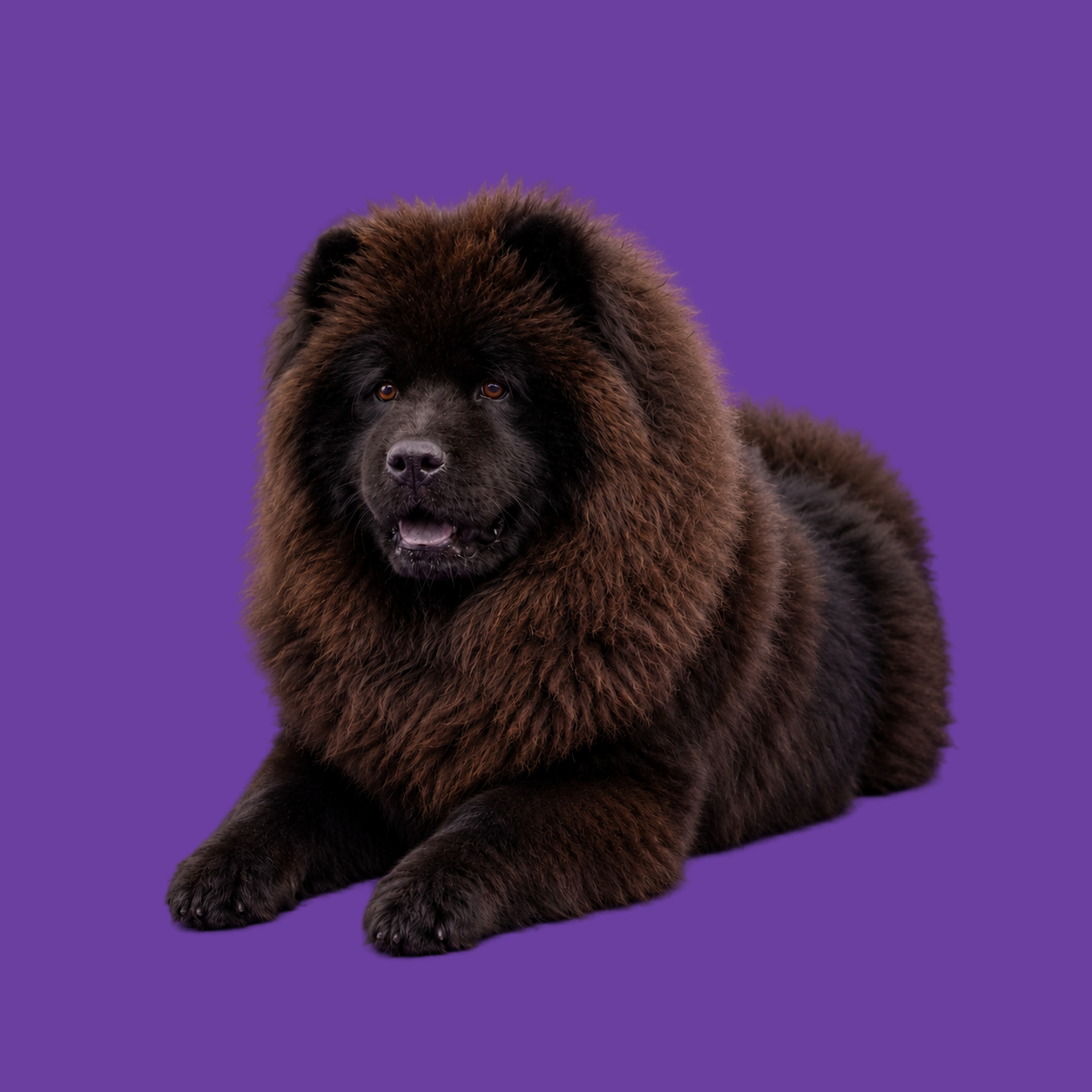 Bruine volwassen Chow Chow liggend op paarse achtergrond