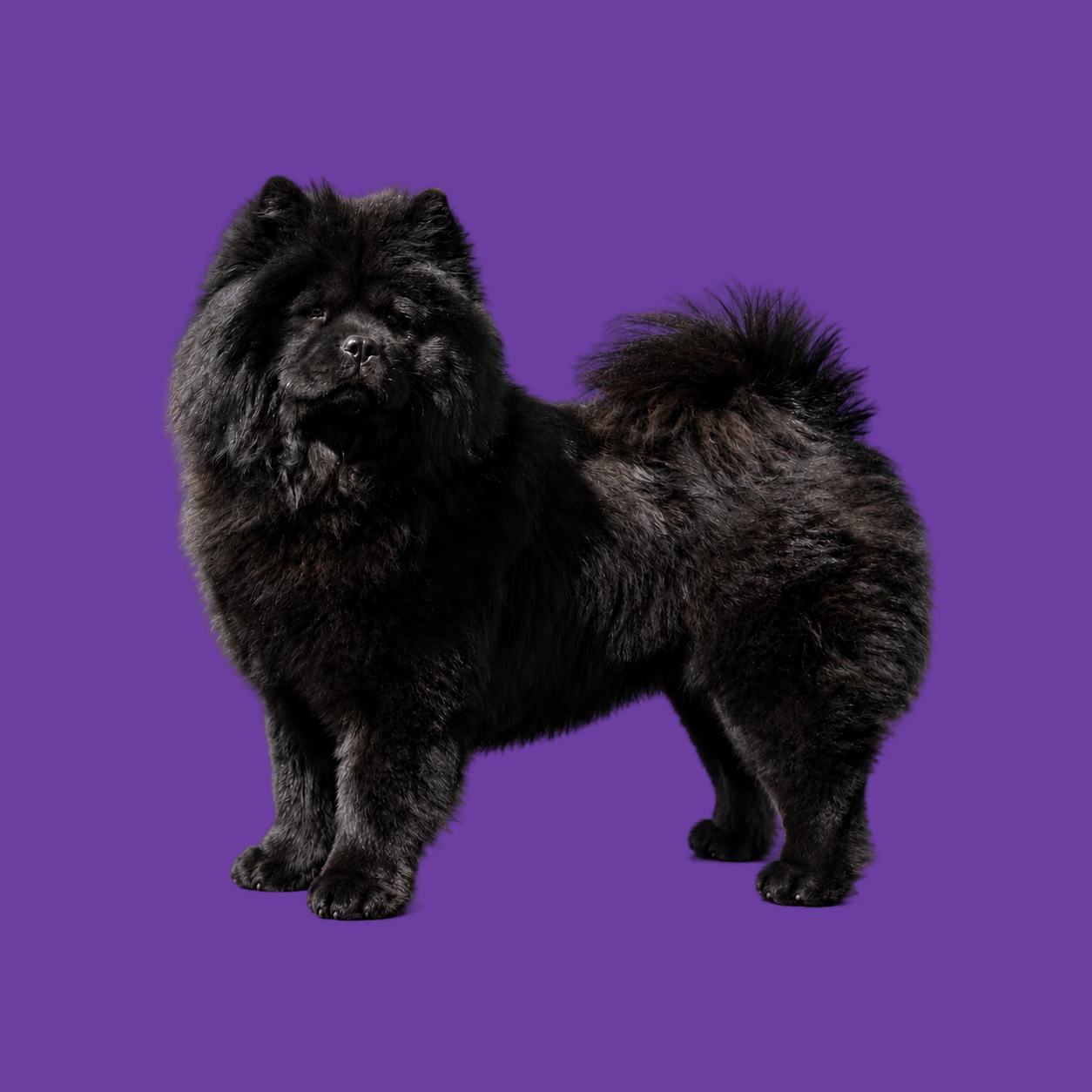 Zwarte Chow Chow staand in zijaanzicht op paarse achtergrond